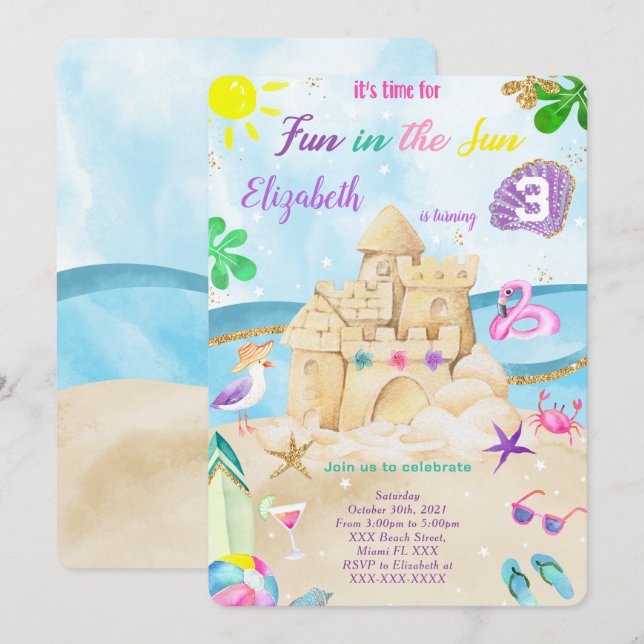 Cartes d'invitation d'anniversaire à la plage (Devant / Derrière)