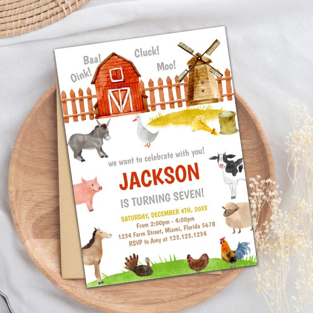 Cartes d'invitation d'anniversaire avec des animau (Brown Red Farm Animals Birthday Invitations)
