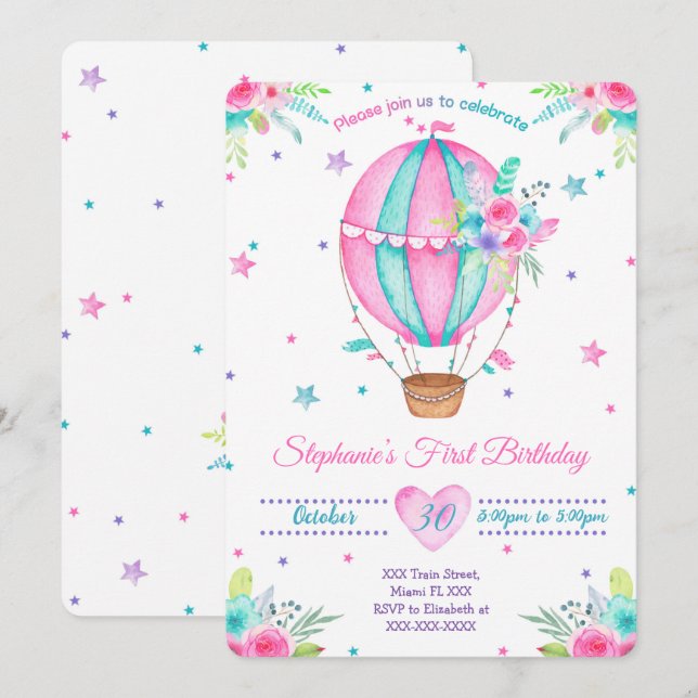 Cartes d'invitation d'anniversaire ballon à air (Devant / Derrière)