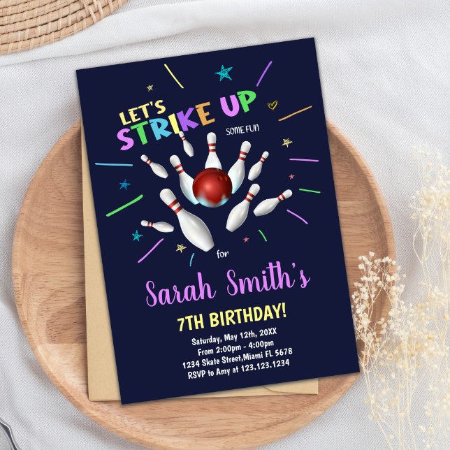 Cartes d'invitation d'anniversaire Bowling Bleu Fo (Dark Blue Bowling Birthday Invitations)