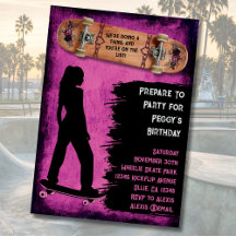 Cartes d'invitation d'anniversaire de skateuse « S