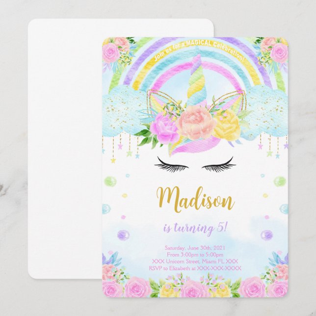 Cartes d'invitation d'anniversaire Licorne (Devant / Derrière)