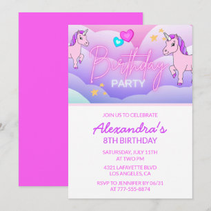 Cartes d'invitation d'anniversaire Licorne Arc-en-