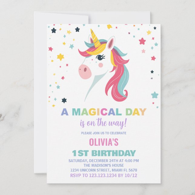 Cartes d'invitation d'anniversaire Licorne Arc-en- (Devant)