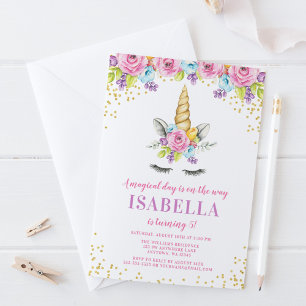 Cartes d'invitation d'anniversaire licorne florale
