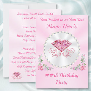 Cartes d'invitation d'anniversaire Rose, Diamant e