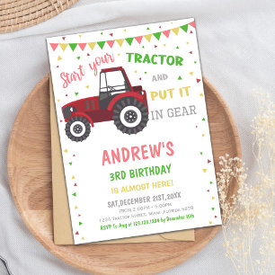 Cartes d'invitation d'anniversaire Tracteur Rouge