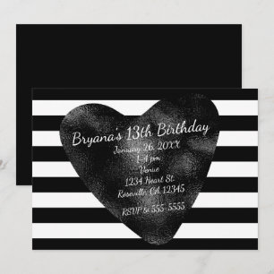 Cartes d'invitation de fête à cœur chic rayées noi