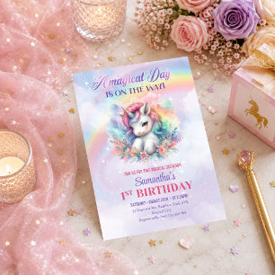 Cartes d'invitation de fête de jour magique licorn