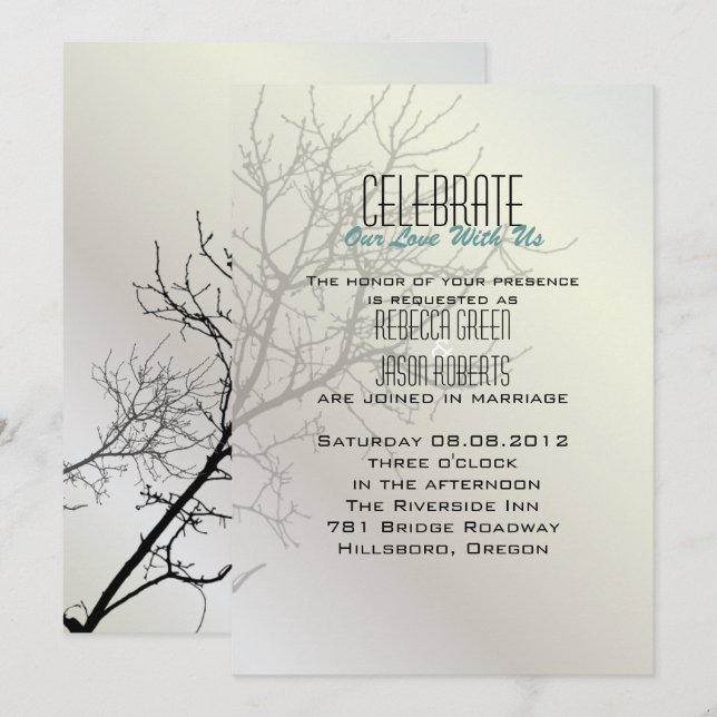 Cartes d'invitation de mariage Arbres Oiseaux d'am (Devant / Derrière)