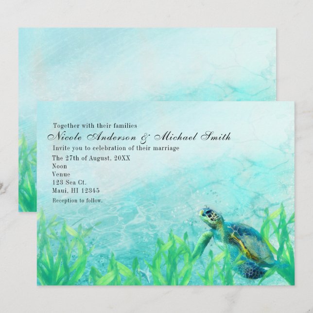 Cartes d'invitation de mariage Art de plage océani (Devant / Derrière)