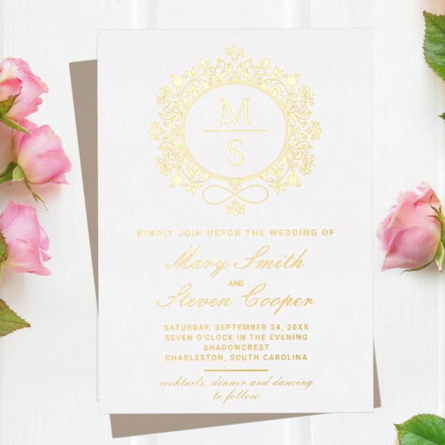 Cartes d'invitation de mariage au monogramme doré (I wish you happiness!)