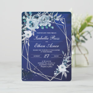 Cartes d'invitation de mariage bleu royal et argen