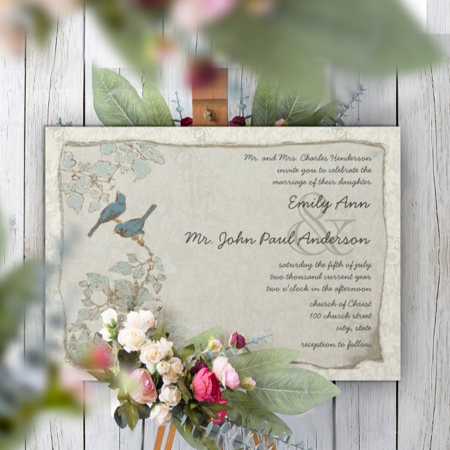 Cartes d'invitation de mariage en damas oiseaux de (Créateur téléchargé)