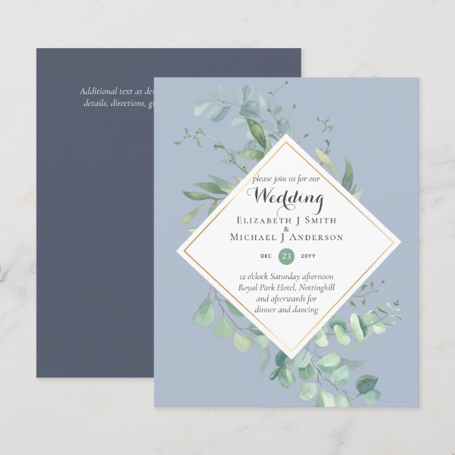Cartes d'invitation de mariage Eucalyptus Bleu Pou (Devant / Derrière)