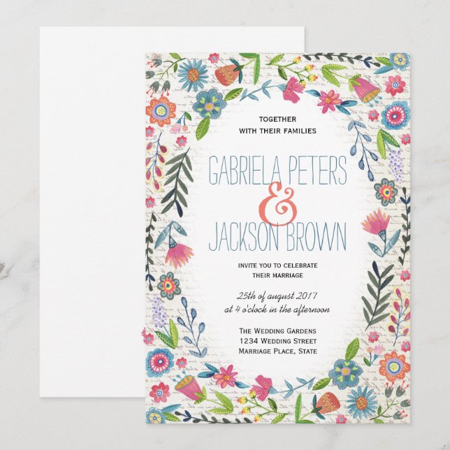 Cartes d'invitation de mariage | Fleurs aquarelles (Devant / Derrière)