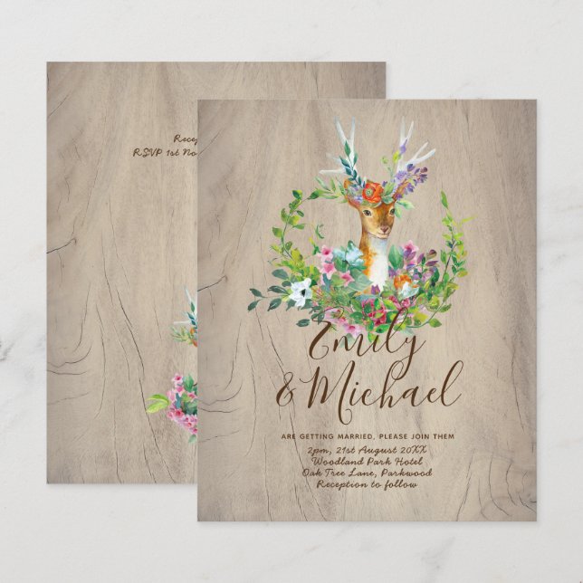 Cartes d'invitation de mariage Floral et Cerf de l (Devant / Derrière)
