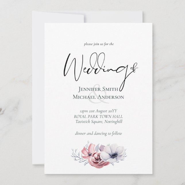 Cartes d'invitation de mariage florales corail ble (Devant)