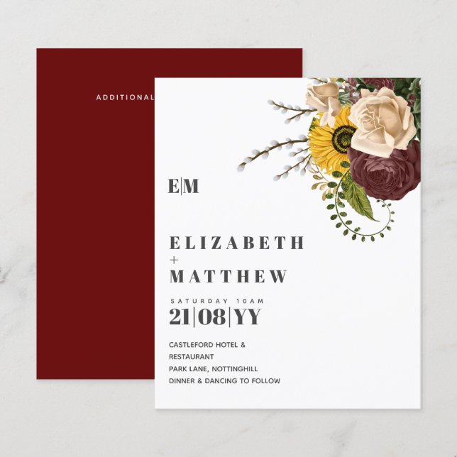 Cartes d'invitation de mariage florales tournesols (Devant / Derrière)