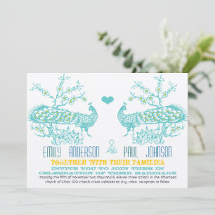 Cartes d'invitation de mariage Paon Aqua et Jaune