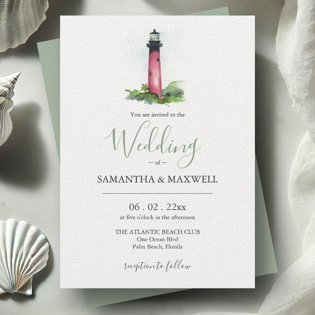 Cartes d'invitation de mariage personnalisées avec (Beach wedding invitations watercolor Jupiter Lighthouse in Florida art by Victoria Grigaliunas)