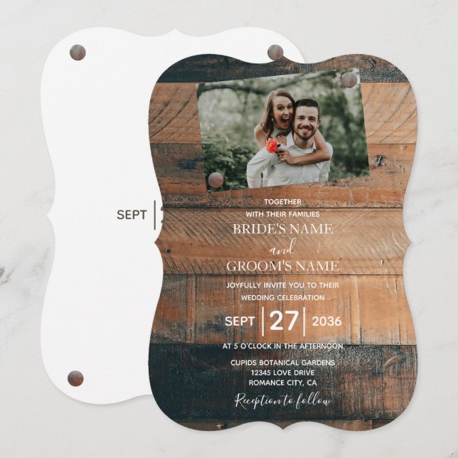 Cartes d'invitation de mariage photo en bois rusti (Devant / Derrière)