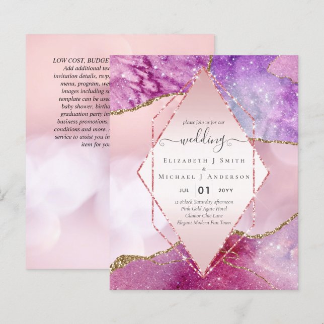 Cartes d'invitation de mariage Pink AGATE scintill (Devant / Derrière)