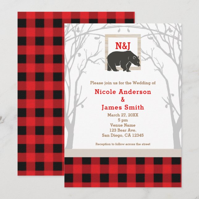 Cartes d'invitation de mariage Rustic Bear & Red P (Devant / Derrière)