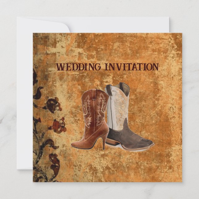 Cartes d'invitation de mariage western bottes de c (Devant)