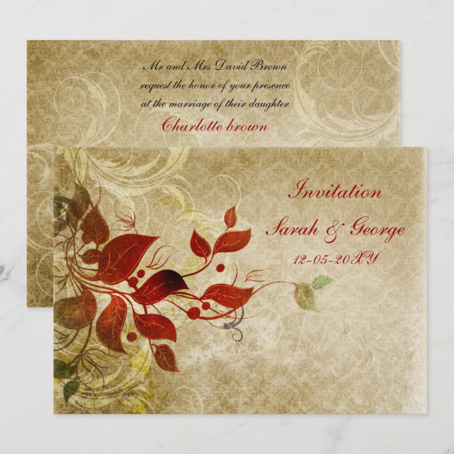 Cartes d'invitation du mariage de automne (Devant / Derrière)