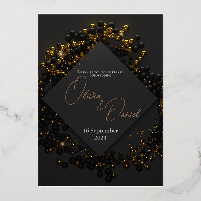 Cartes d'invitation en papier alu pailleté or et n (Recto)