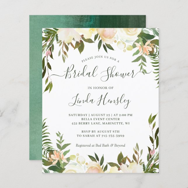 Cartes d'invitation Floral Greenery pour Mariage à (Devant / Derrière)