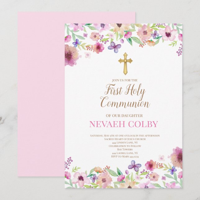 Cartes d'invitation florales pour la première comm (Devant / Derrière)