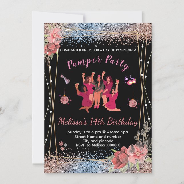 Cartes d'invitation glitter rose/noir pour fête de (Devant)