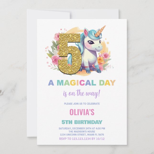 Cartes d'invitation Licorne pour 5ème Anniversaire (Devant)