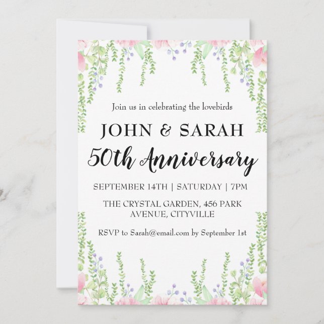 Cartes d'invitation modernes florales pour les 50  (Devant)