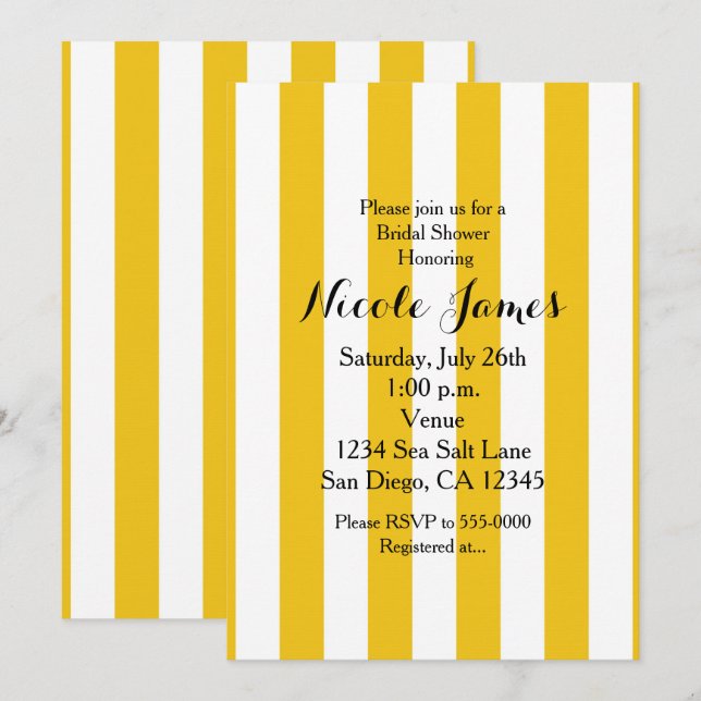 Cartes d'invitation modernes rayées jaune et blanc (Devant / Derrière)
