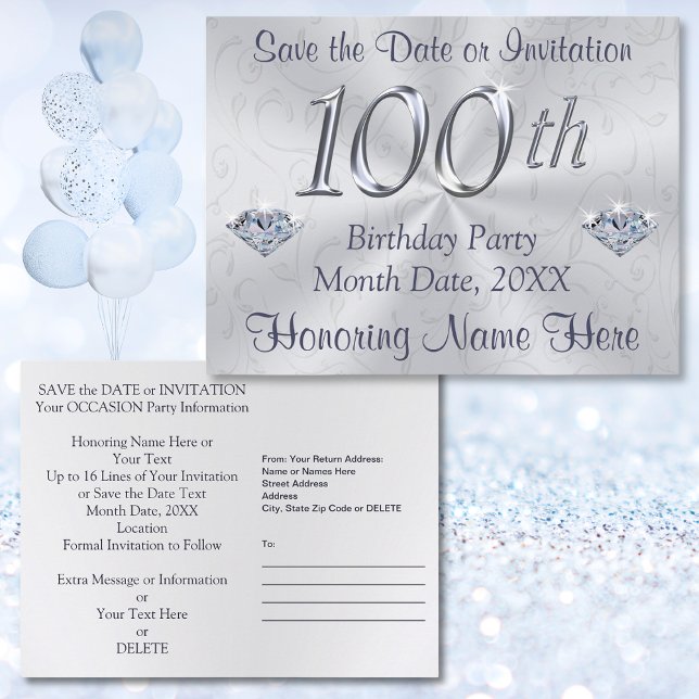 Cartes d'invitation ou faire-part pour un 100e ann (Save the date 100th birthday. 100th birthday save the date post cards. 100th birthday invitations.)
