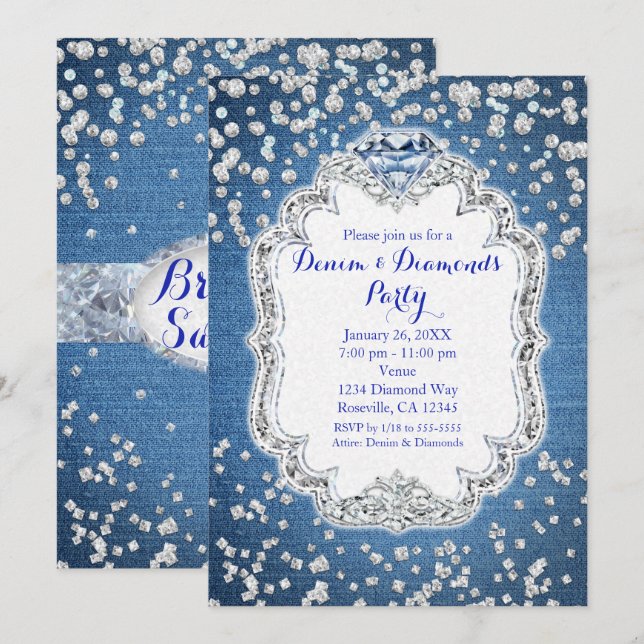 Cartes d'invitation pailletées avec glamour en jea (Devant / Derrière)