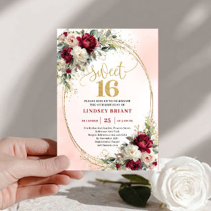 Cartes d'invitation pour 16 ans Glam Boho Merlot G