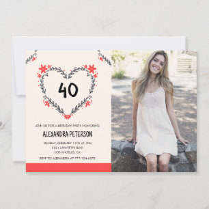 Cartes d'invitation pour 40 ans avec cœur floral