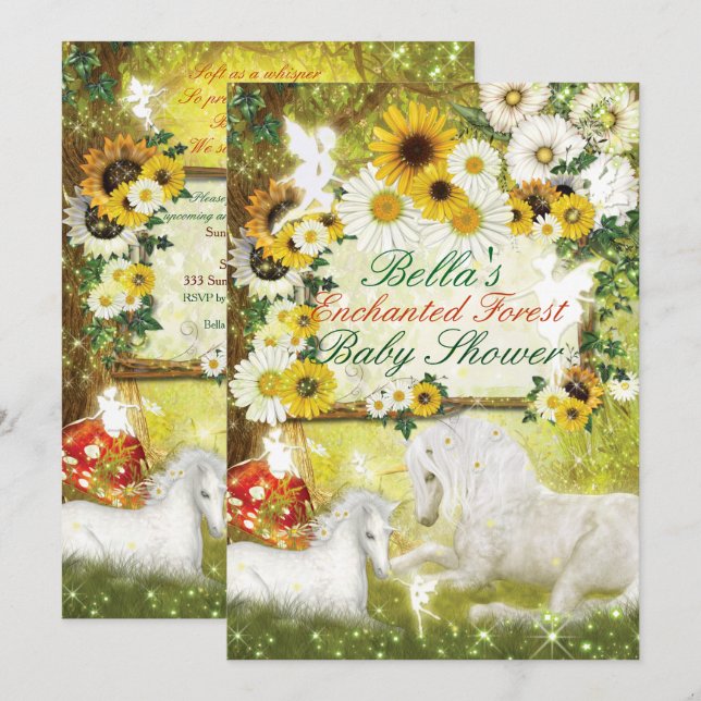 Cartes d'invitation pour Baby Shower Licorne Encha (Devant / Derrière)