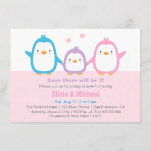 Cartes d'invitation pour Baby Shower Manchots Fami