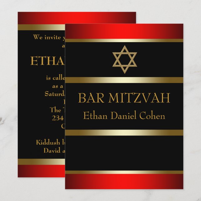 Cartes d'invitation pour Bar Mitzvah rouge (Devant / Derrière)