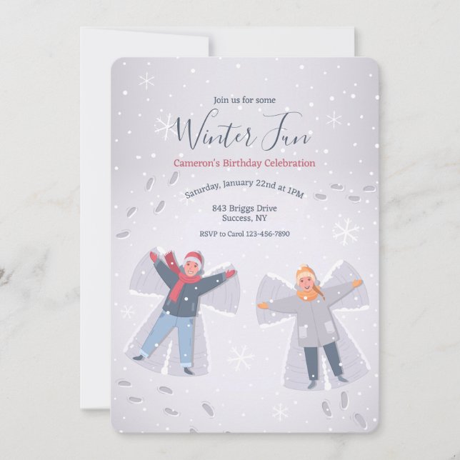 Cartes d'invitation pour faire des anges de neige (Devant)