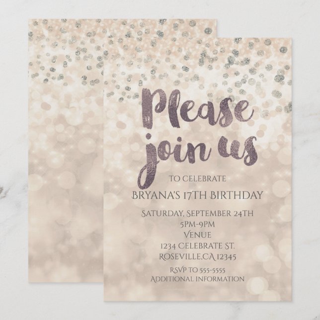 Cartes d'invitation pour fête avec paillettes et c (Devant / Derrière)