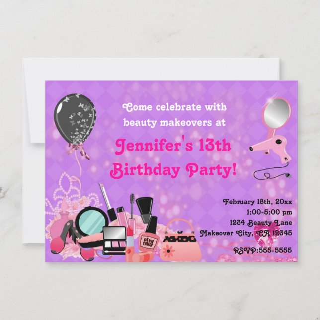 Cartes d'invitation pour fête de filles beauté maq (Devant)