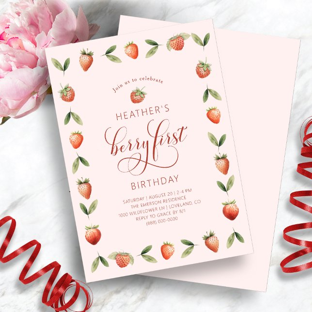Cartes d'invitation pour le 1er anniversaire de Be (Pink Berry First Photo Birthday Invitation by Painted Paperie
)
