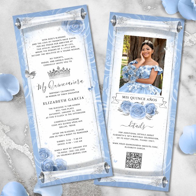 Cartes d'invitation pour le défilement d'anniversa (Elegant light blue and silver quinceanera scroll invitation cards for a Cinderella birthday party.)