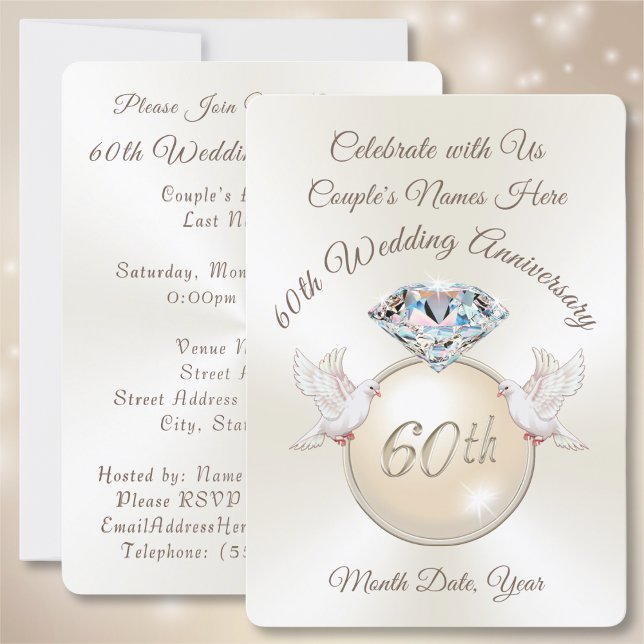 Cartes d'invitation pour les 60 ans de mariage Dia (60th wedding anniversary invitation cards. Diamond anniversary. 60th anniversary party supplies. )